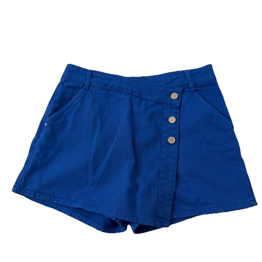 Zara Wrap Skort Womens Medium Blue Asymmetrical Button Shorts High-Rise Boho